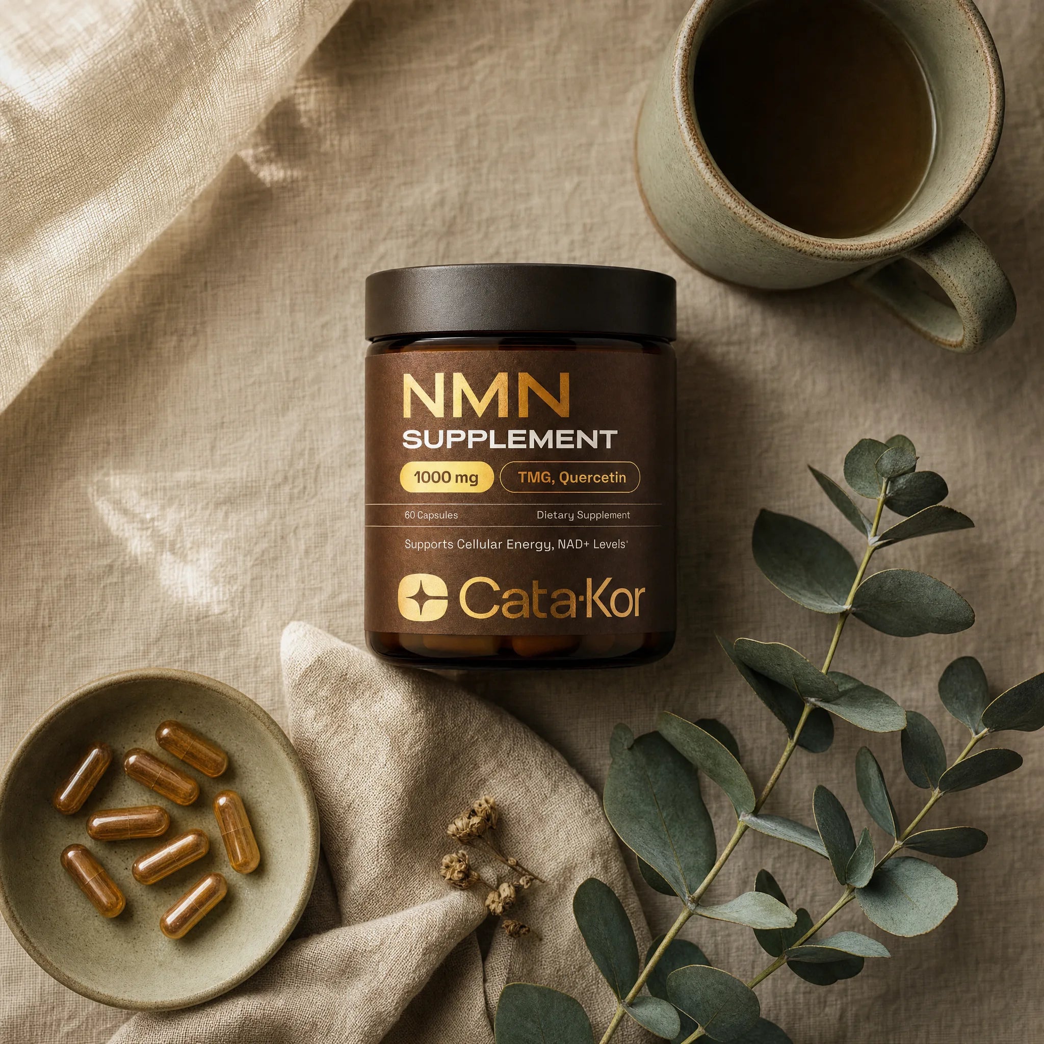 Cata-Kor NMN bottle on a morning routine flat-lay