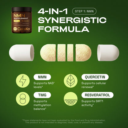 Cata-Kor Ultimate Longevity - NMN 1000 mg, Liposomal Glutathione 500 mg, CA AKG, Biotin, Hyaluronic Acid, MSM, Vitamin C