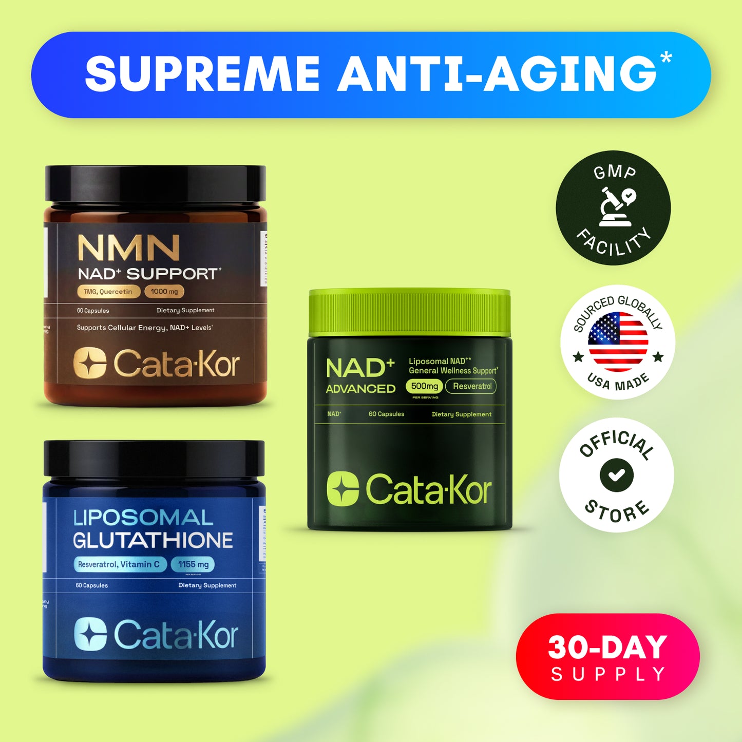 Cata-Kor Liposomal Glutathione 500 mg, NMN 1000 mg & Liposomal NAD+ Advanced 500 mg