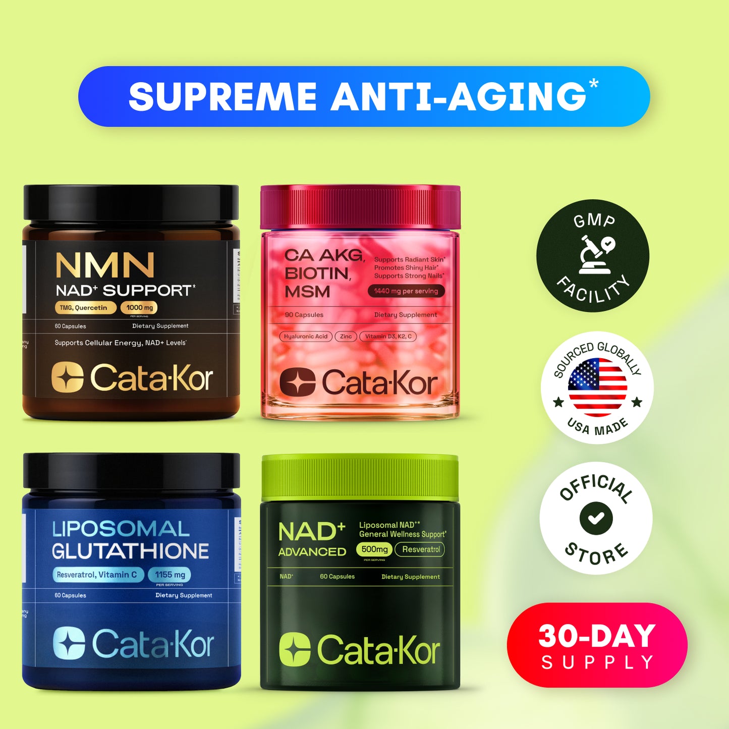 CEO's Bundle - Cata-Kor Liposomal Glutathione 500 mg, NMN 1000 mg, NAD+ Advanced 500 mg, CA AKG 1000 mg, Biotin, MSM, TMG, Hyaluronic Acid