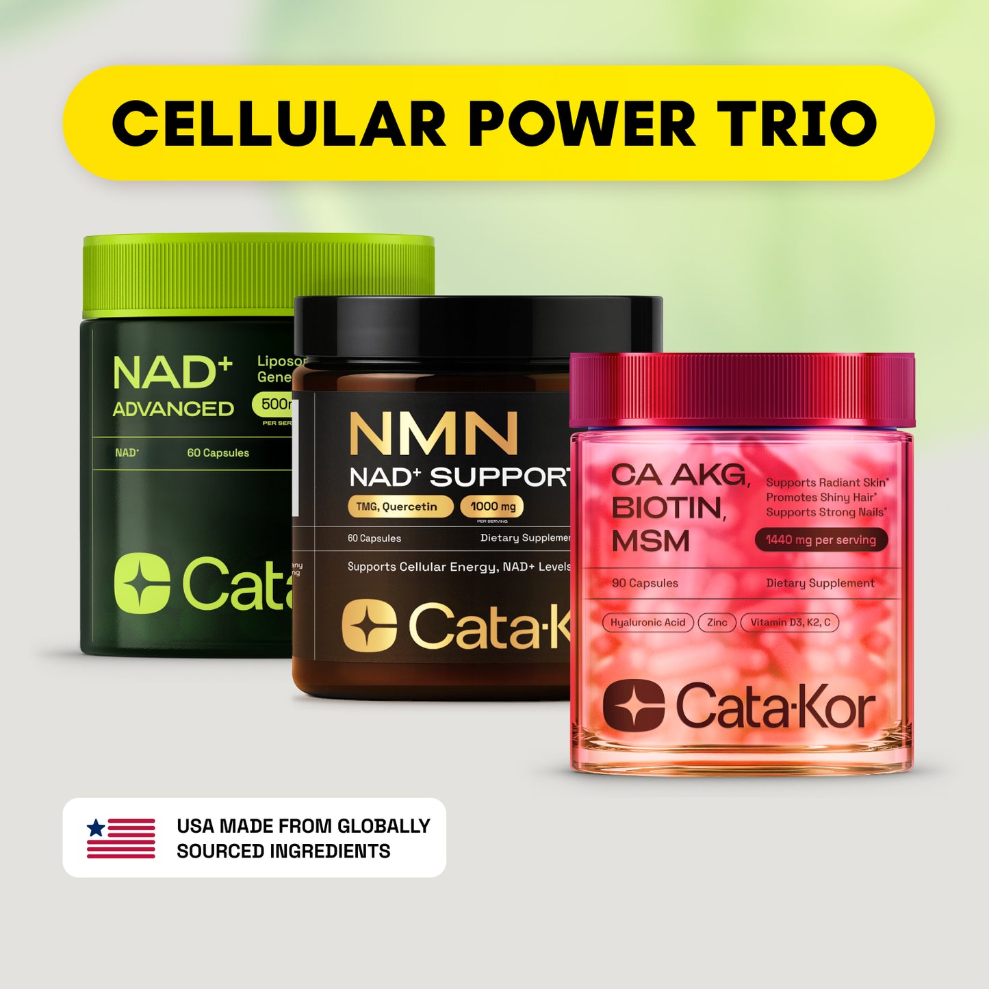 Cata-Kor Cellular Power Trio - NAD Advanced 500 mg, NMN 1000 mg, CA AKG 1000 mg - Resveratrol, TMG, MSM