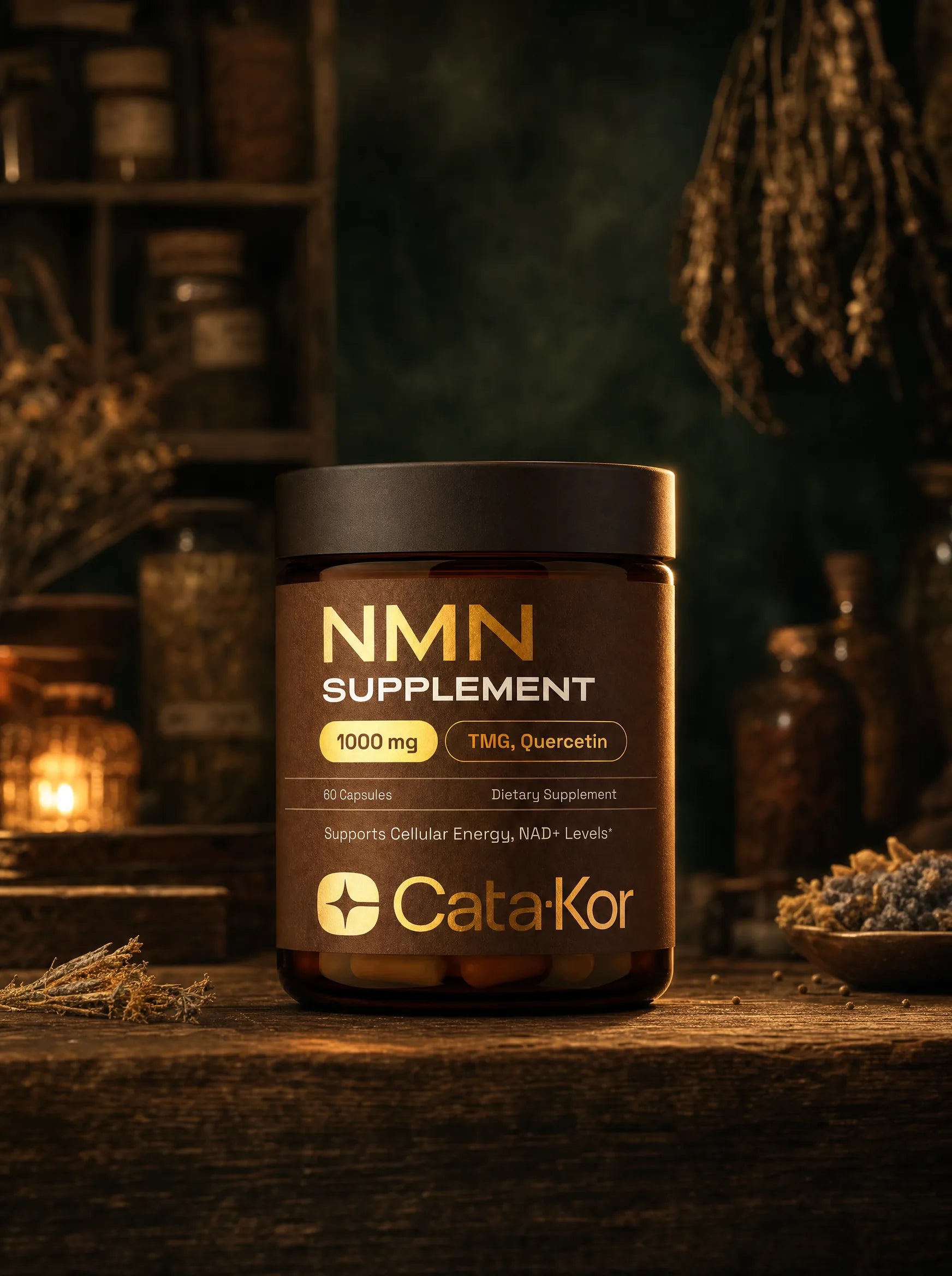 Cata-Kor NMN jar on dark apothecary backdrop