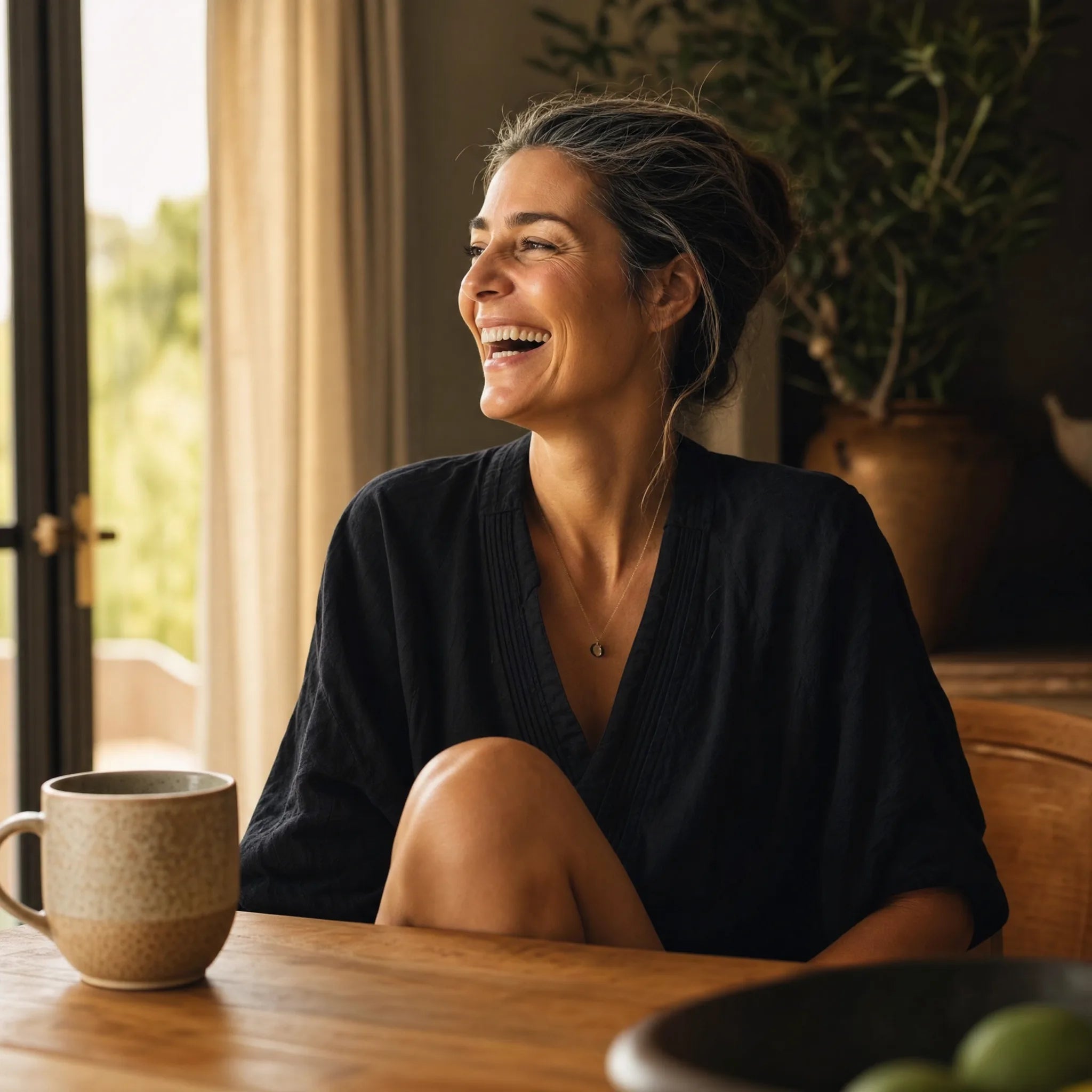 Woman in her late 40s laughing at home