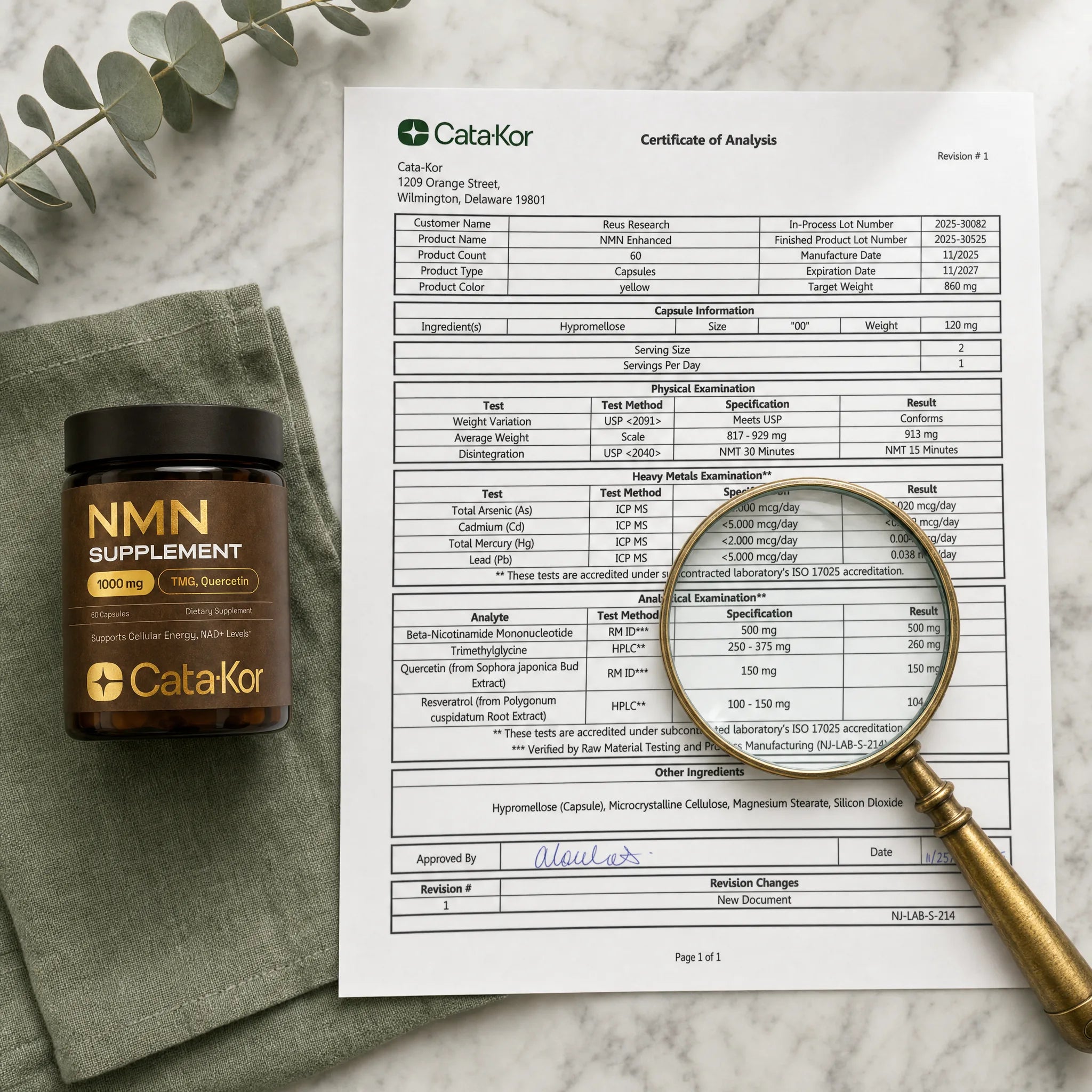 Cata-Kor NMN jar alongside the real Certificate of Analysis on marble